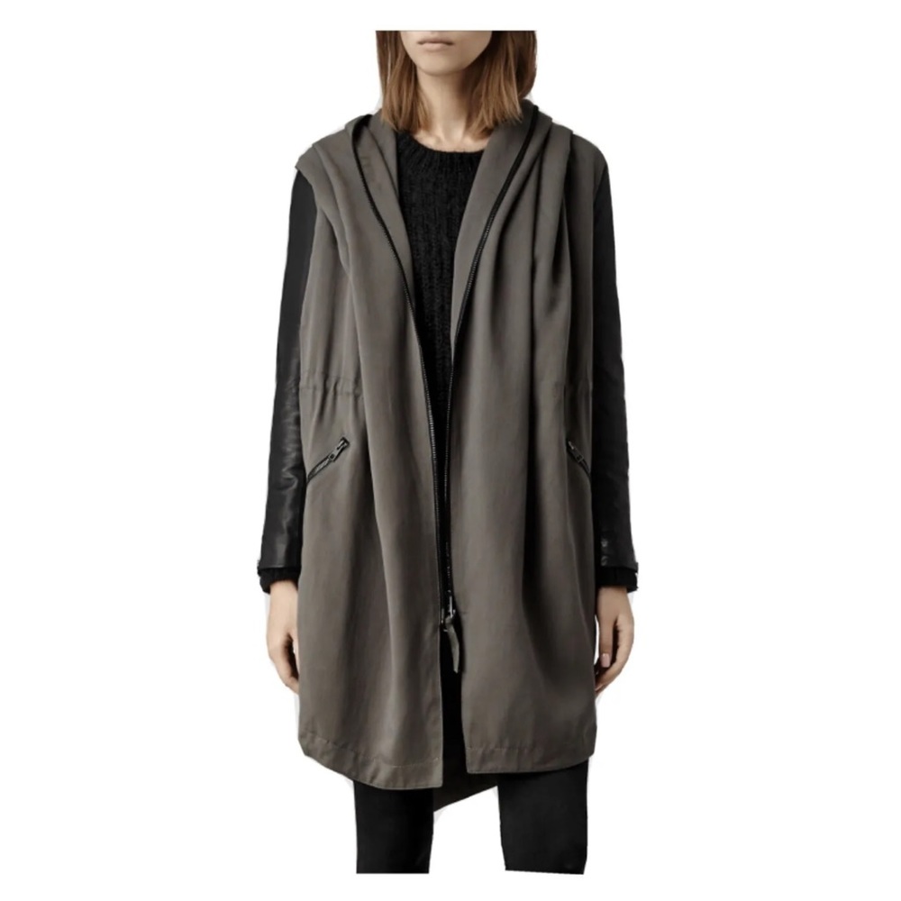 All Saints Bryce Parka in Olive Taupe with Black Leather Sleeves US Size 6